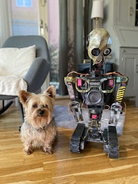 a yorkshire terrier standing next to a robot